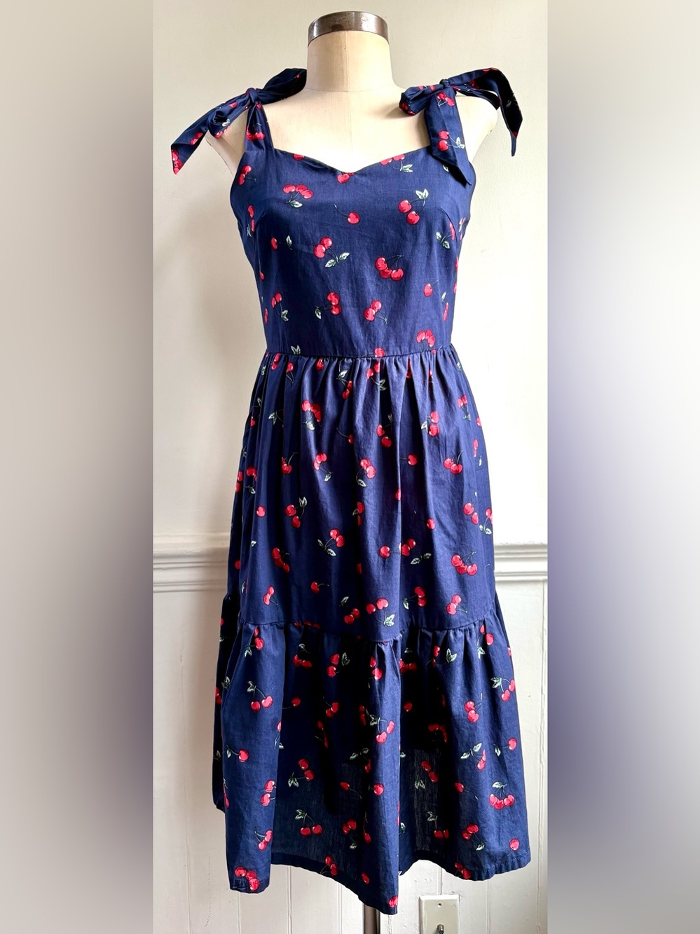 CHERRY PRINT Cotton Sun dress Cute blue & red shoulder ties feminine Sundress XS